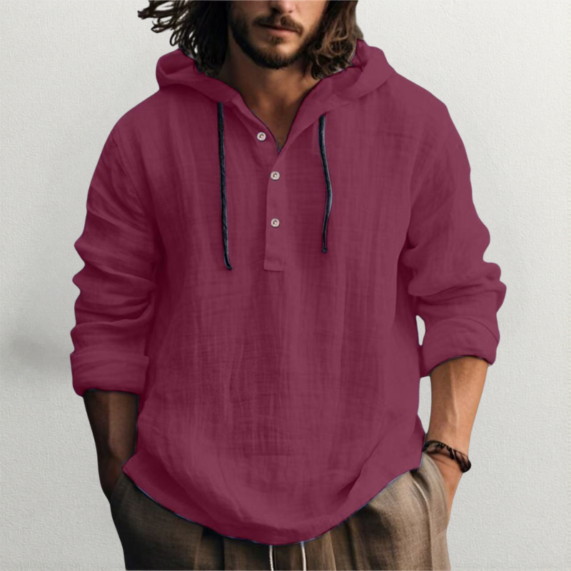 Linen Hooded Shirt with Button-Down Placket for Men