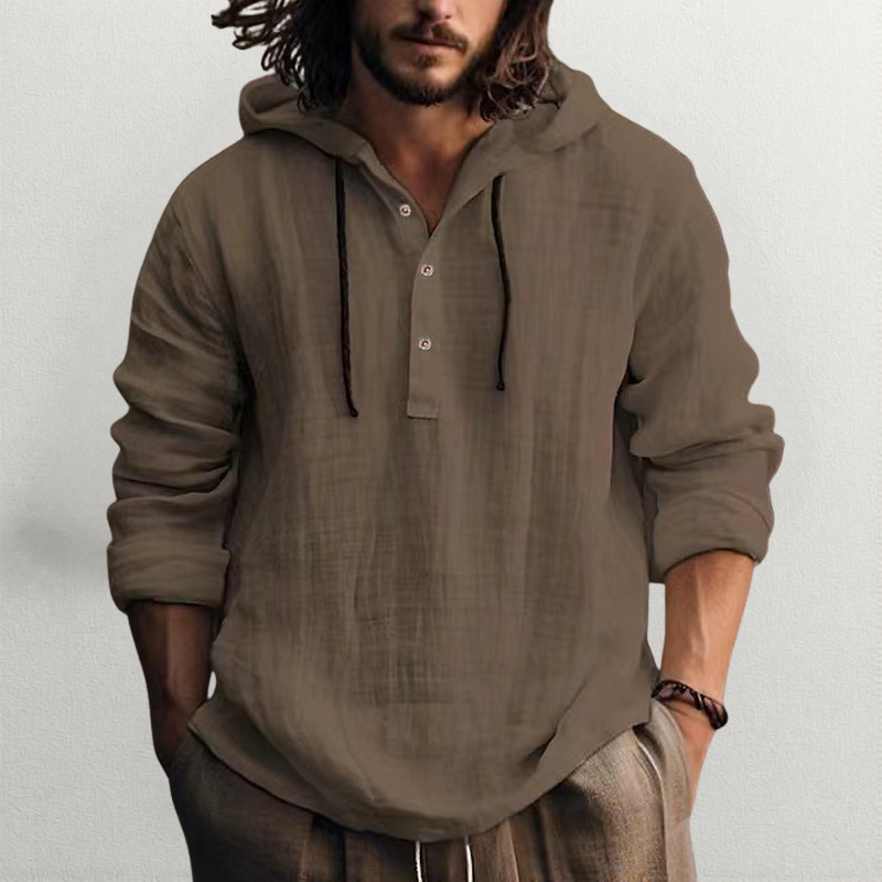 Linen Hooded Shirt with Button-Down Placket for Men