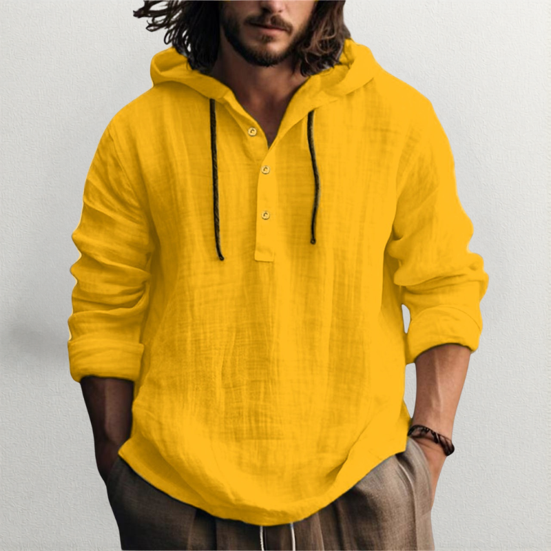 Linen Hooded Shirt with Button-Down Placket for Men