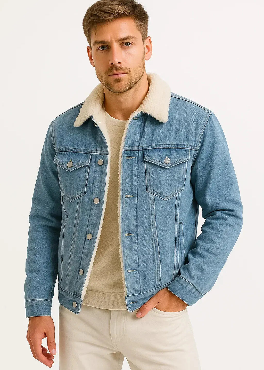 Fleece-Lined Denim Jacket with Sherpa Collar for Men