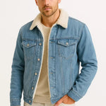 Fleece-Lined Denim Jacket with Sherpa Collar for Men