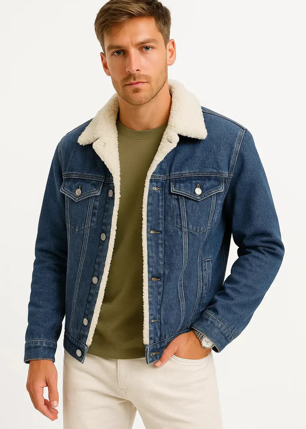 Fleece-Lined Denim Jacket with Sherpa Collar for Men