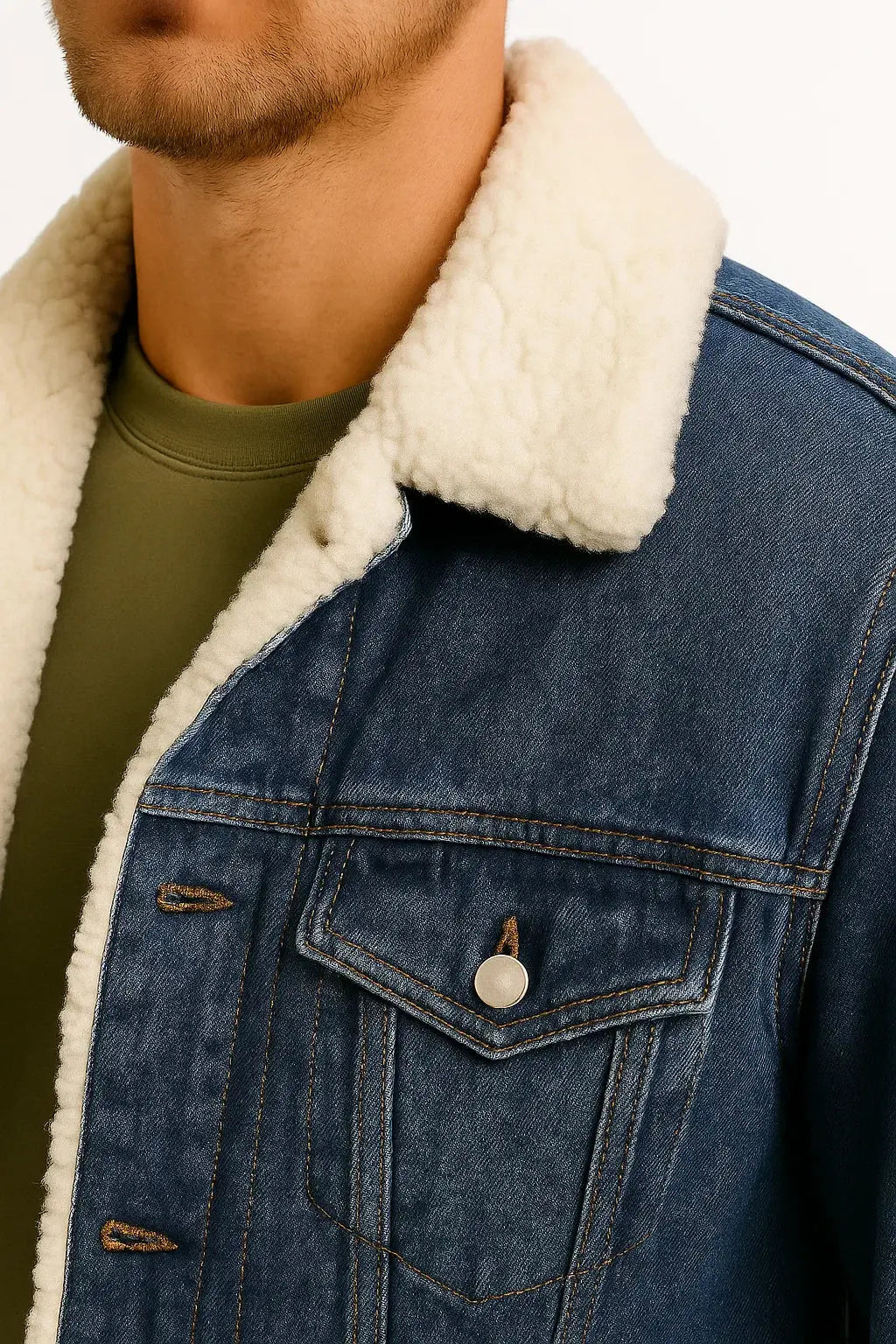 Fleece-Lined Denim Jacket with Sherpa Collar for Men