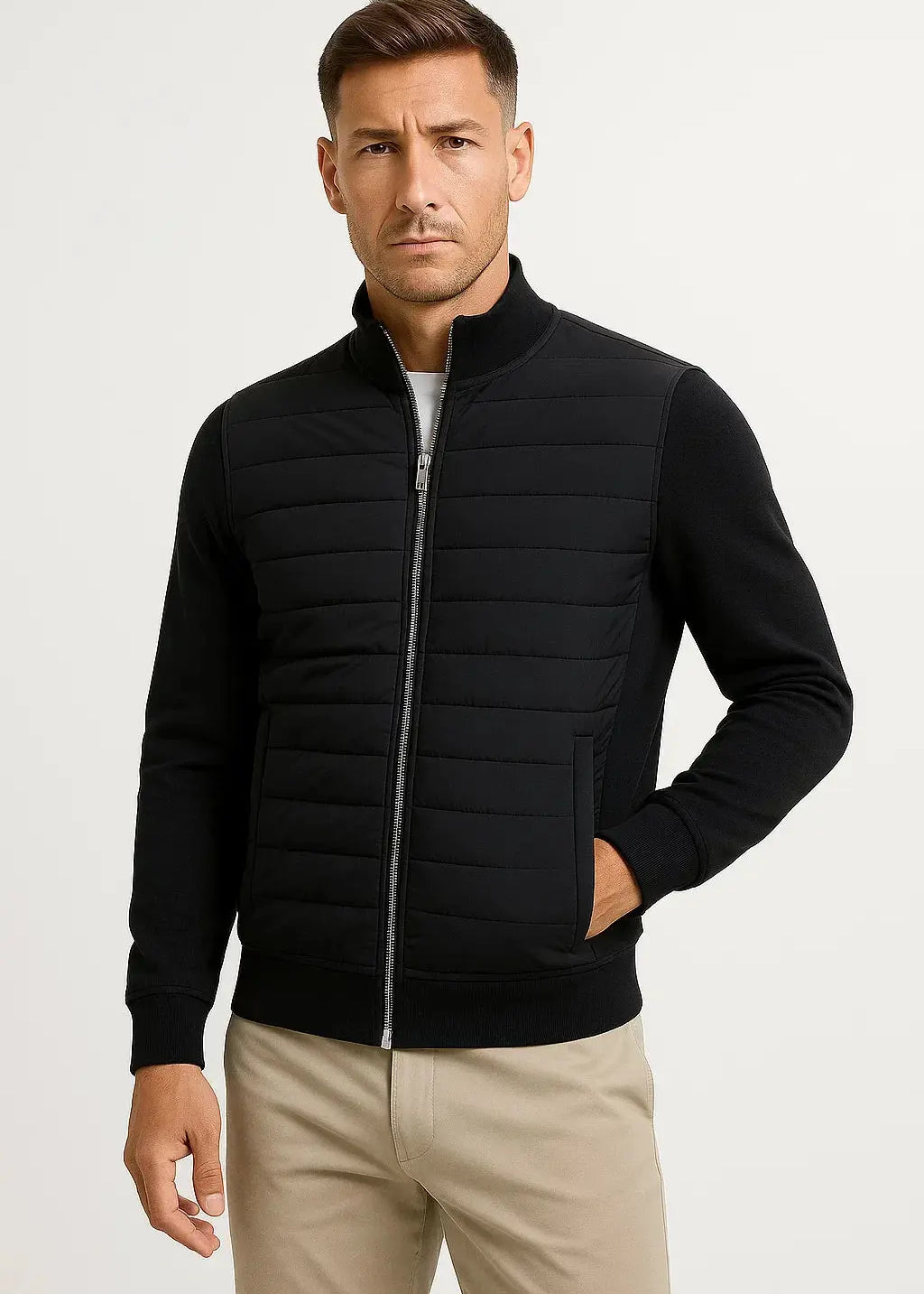 Quilted Hybrid Jacket with Knitted Sleeves for Men