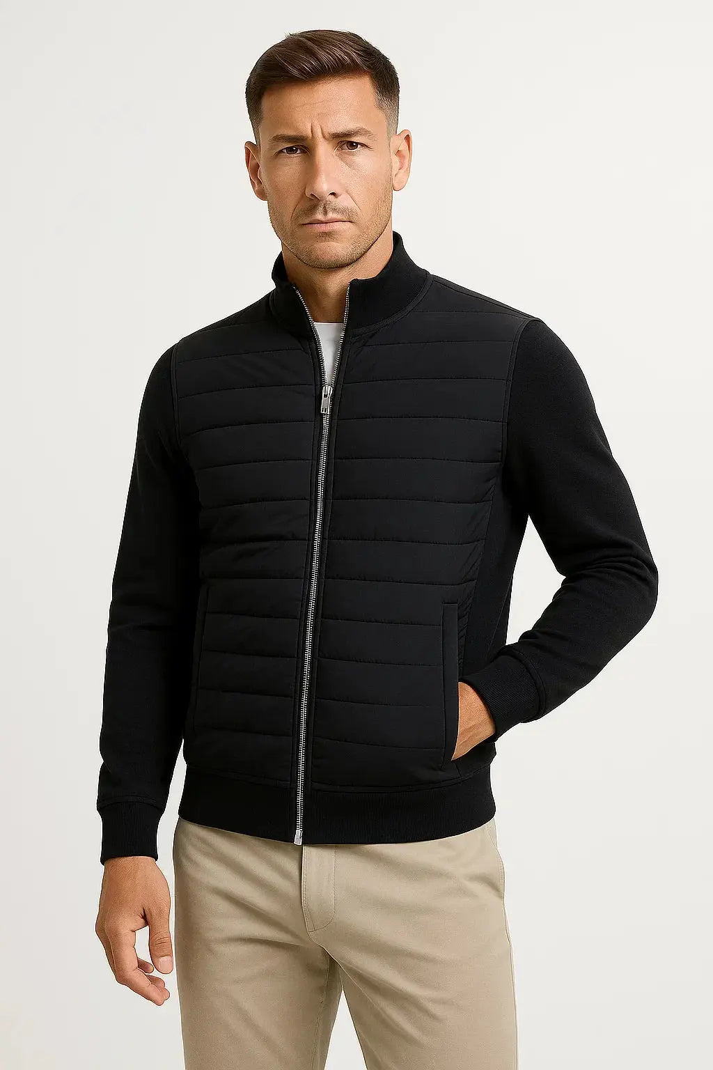 Quilted Hybrid Jacket with Knitted Sleeves for Men