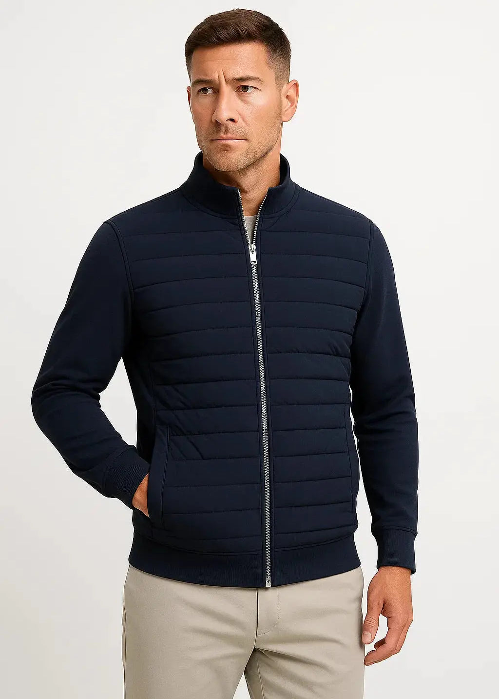 Quilted Hybrid Jacket with Knitted Sleeves for Men