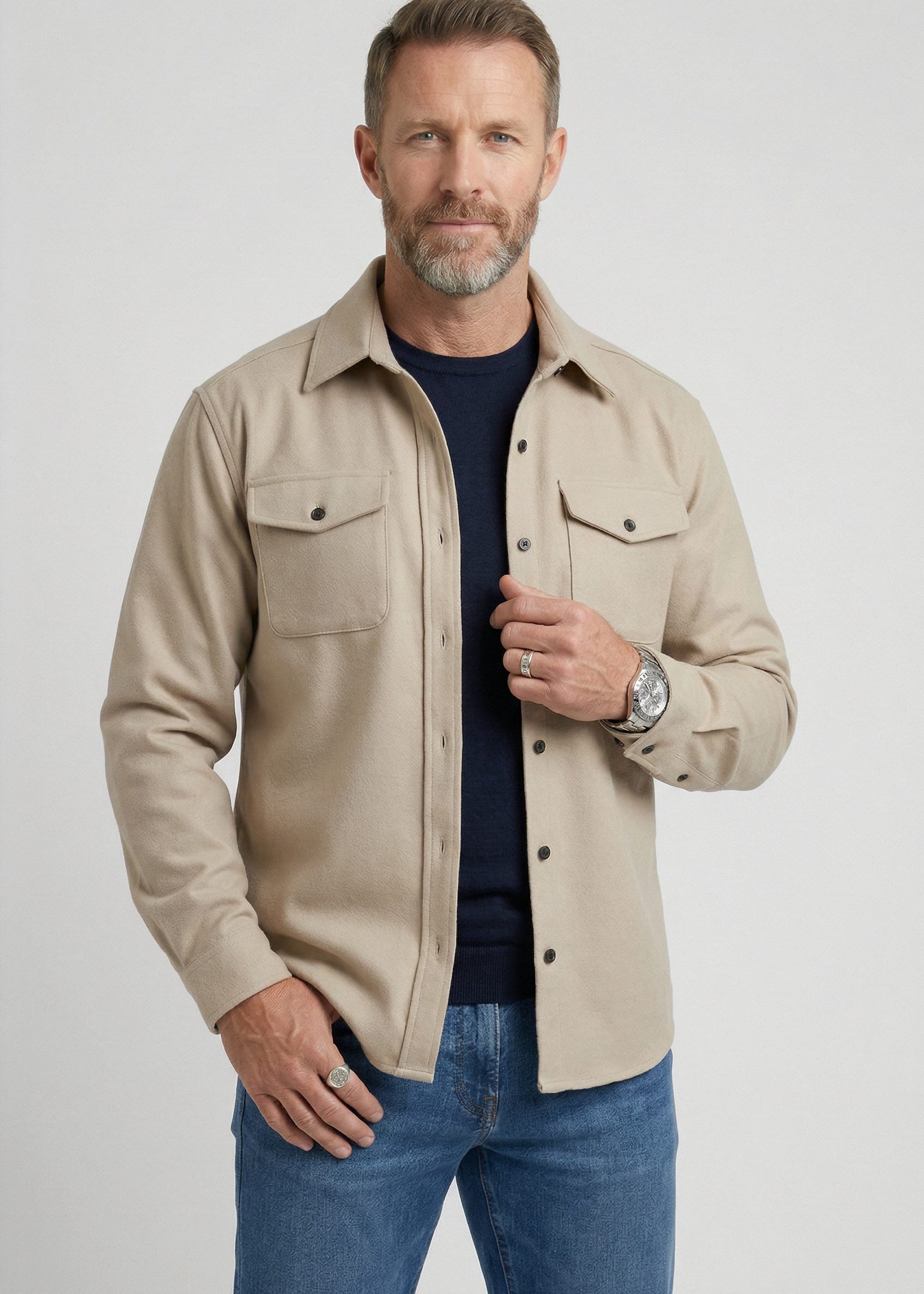 Button-Down Overshirt with Chest Pockets for Men - Beige