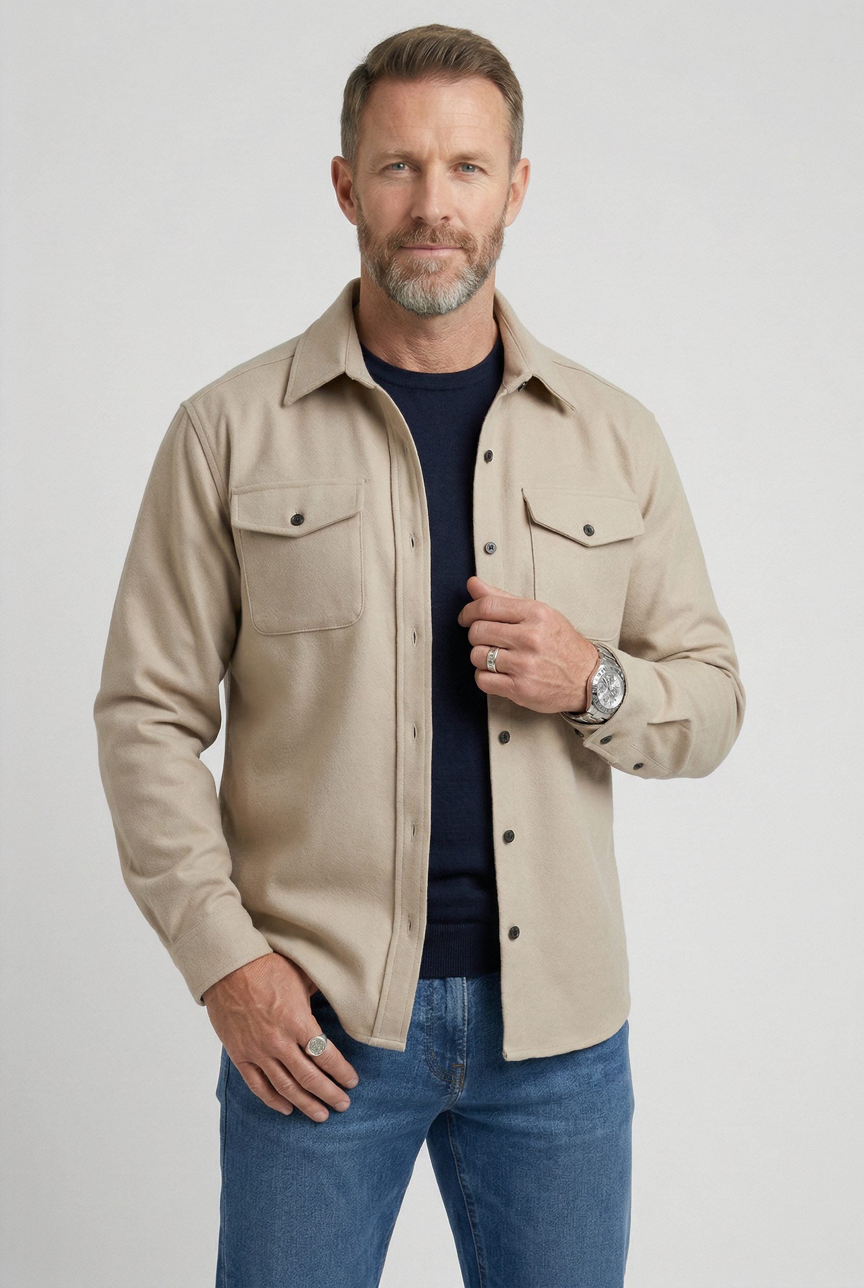 Button-Down Overshirt with Chest Pockets for Men - Beige