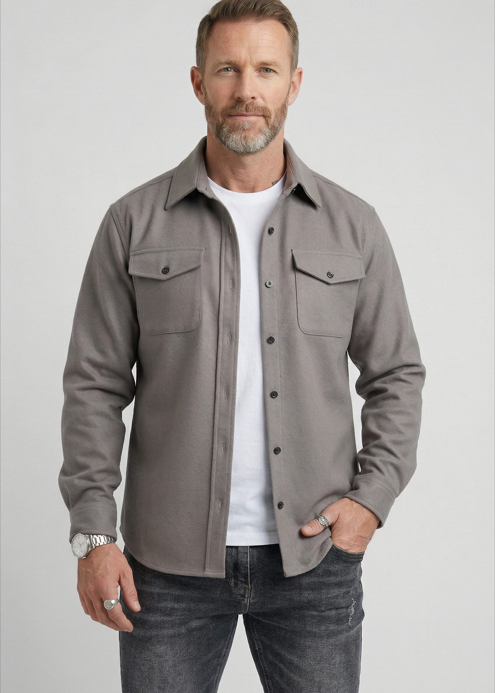 Button-Down Overshirt with Chest Pockets for Men - Light Grey