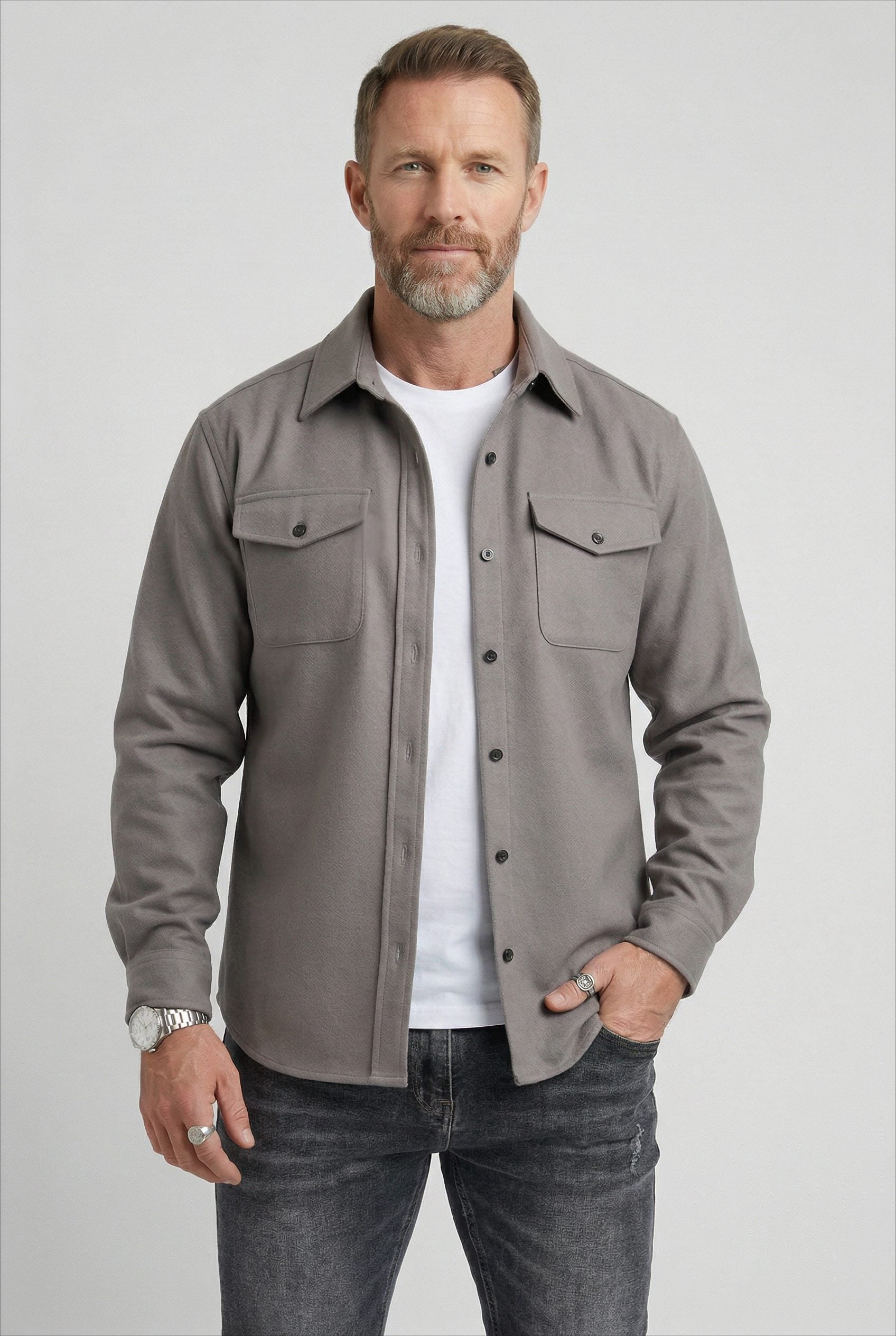 Button-Down Overshirt with Chest Pockets for Men - Light Grey