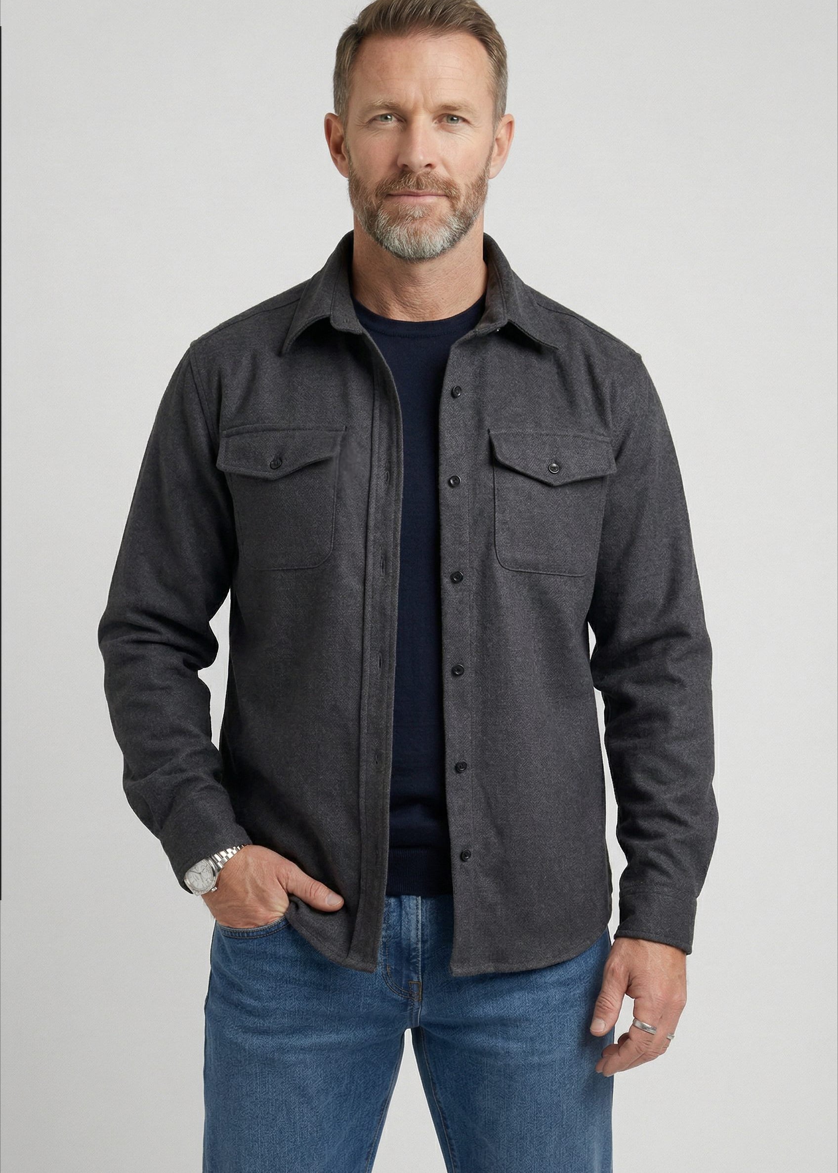 Button-Down Overshirt with Chest Pockets for Men - Dark Grey