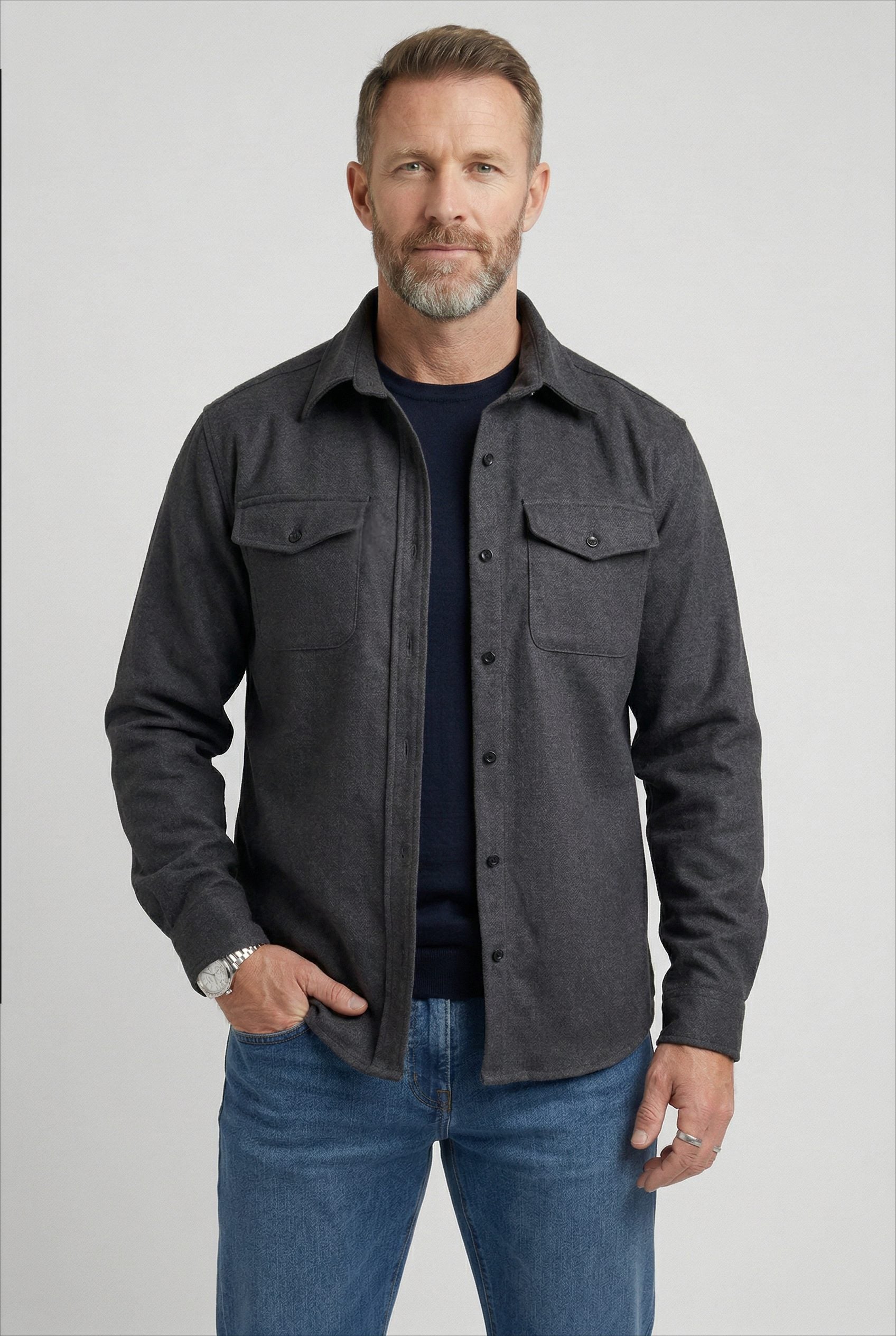 Button-Down Overshirt with Chest Pockets for Men - Dark Grey
