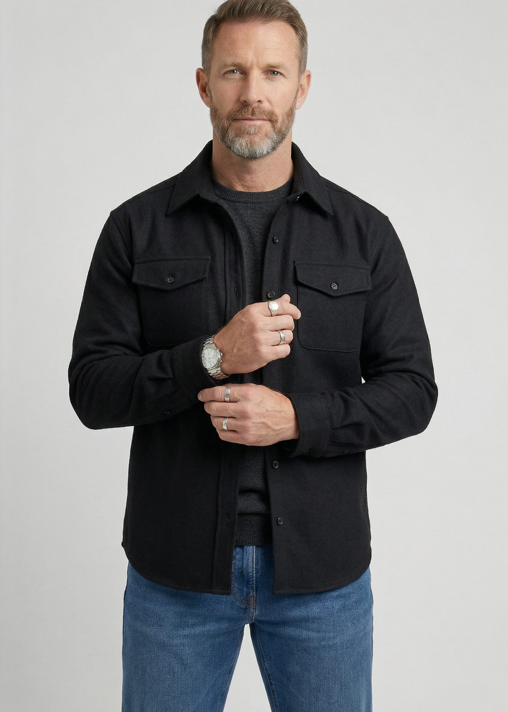 Button-Down Overshirt with Chest Pockets for Men - Black