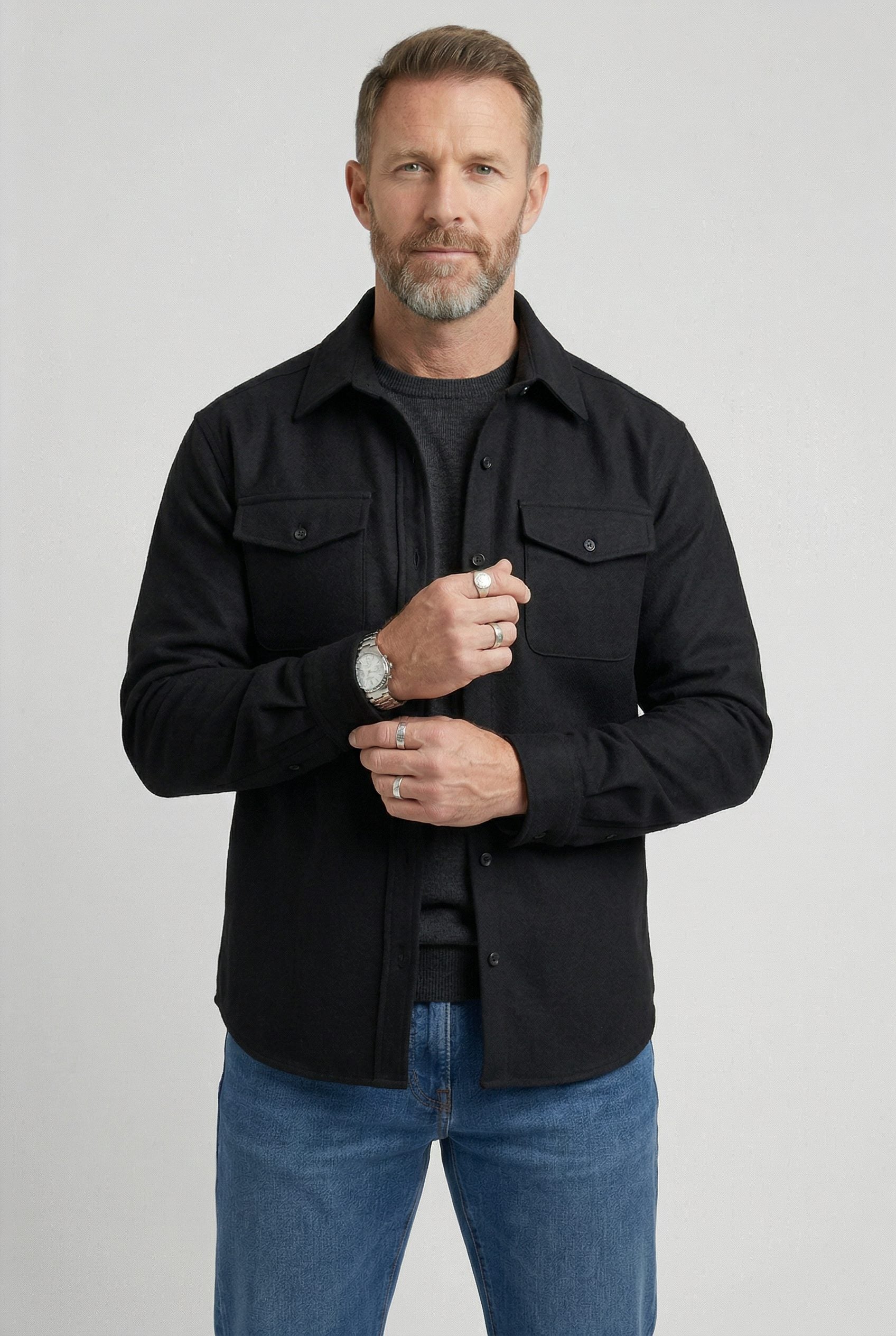 Button-Down Overshirt with Chest Pockets for Men - Black