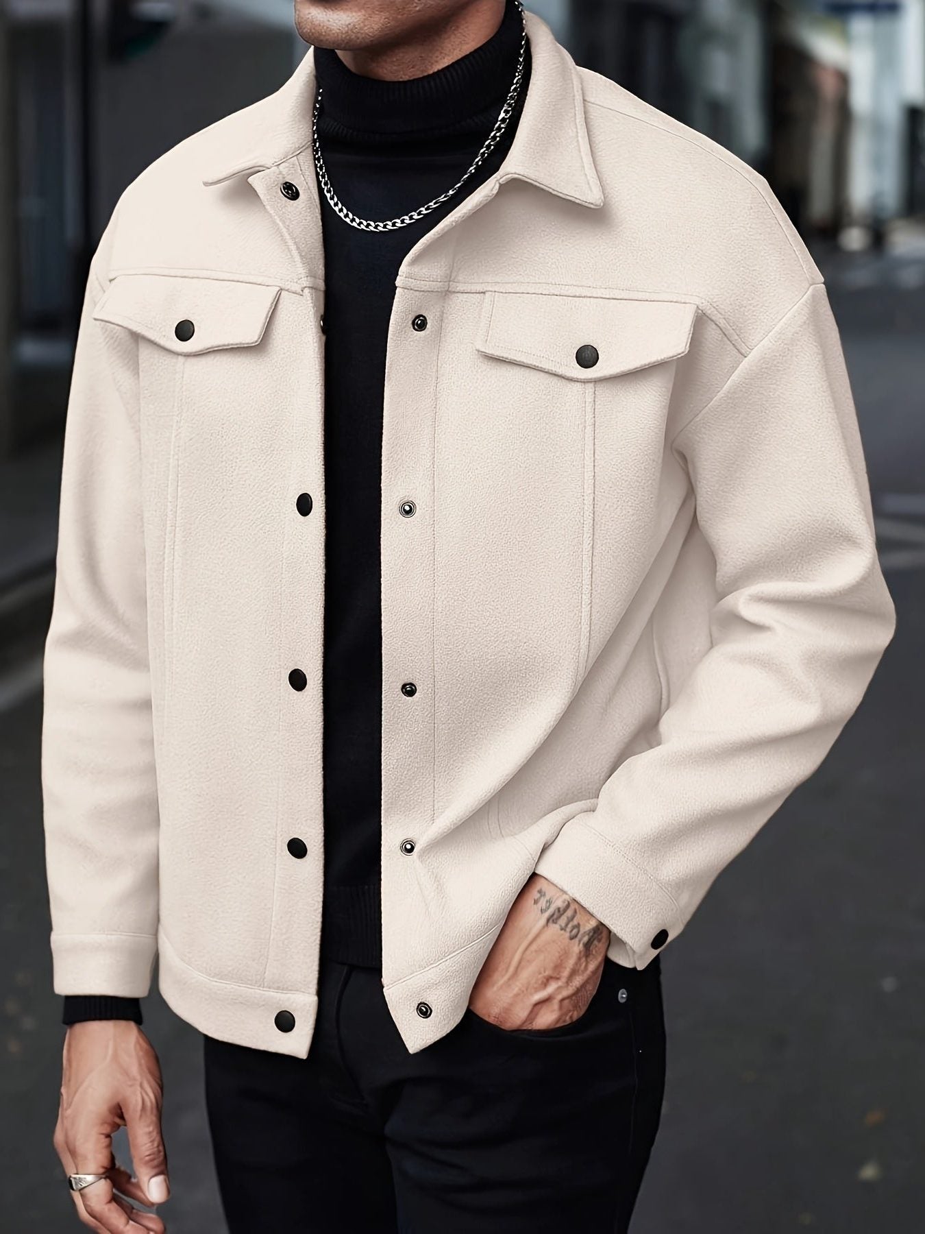 Button-Front Overshirt for Men - Beige