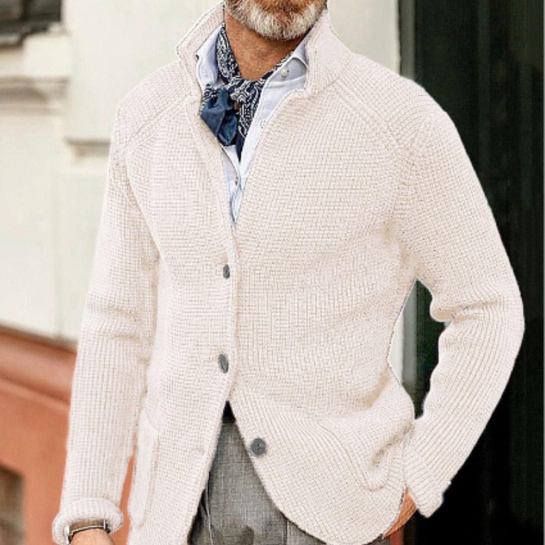 Button-Up Waffle Knit Cardigan for Men - White