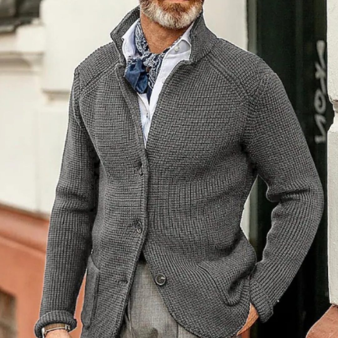 Button-Up Waffle Knit Cardigan for Men - Grey