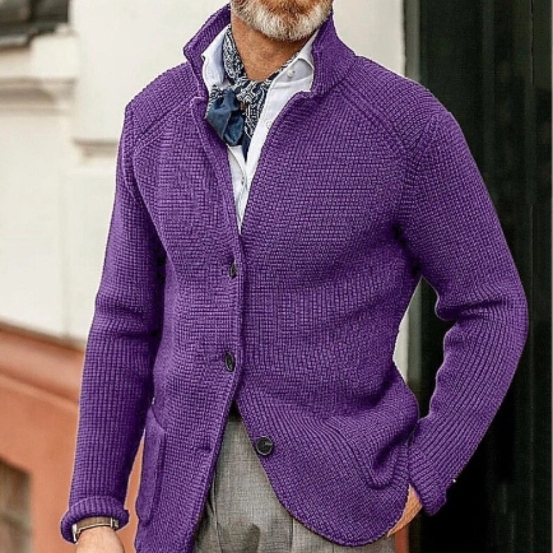 Button-Up Waffle Knit Cardigan for Men - Purple