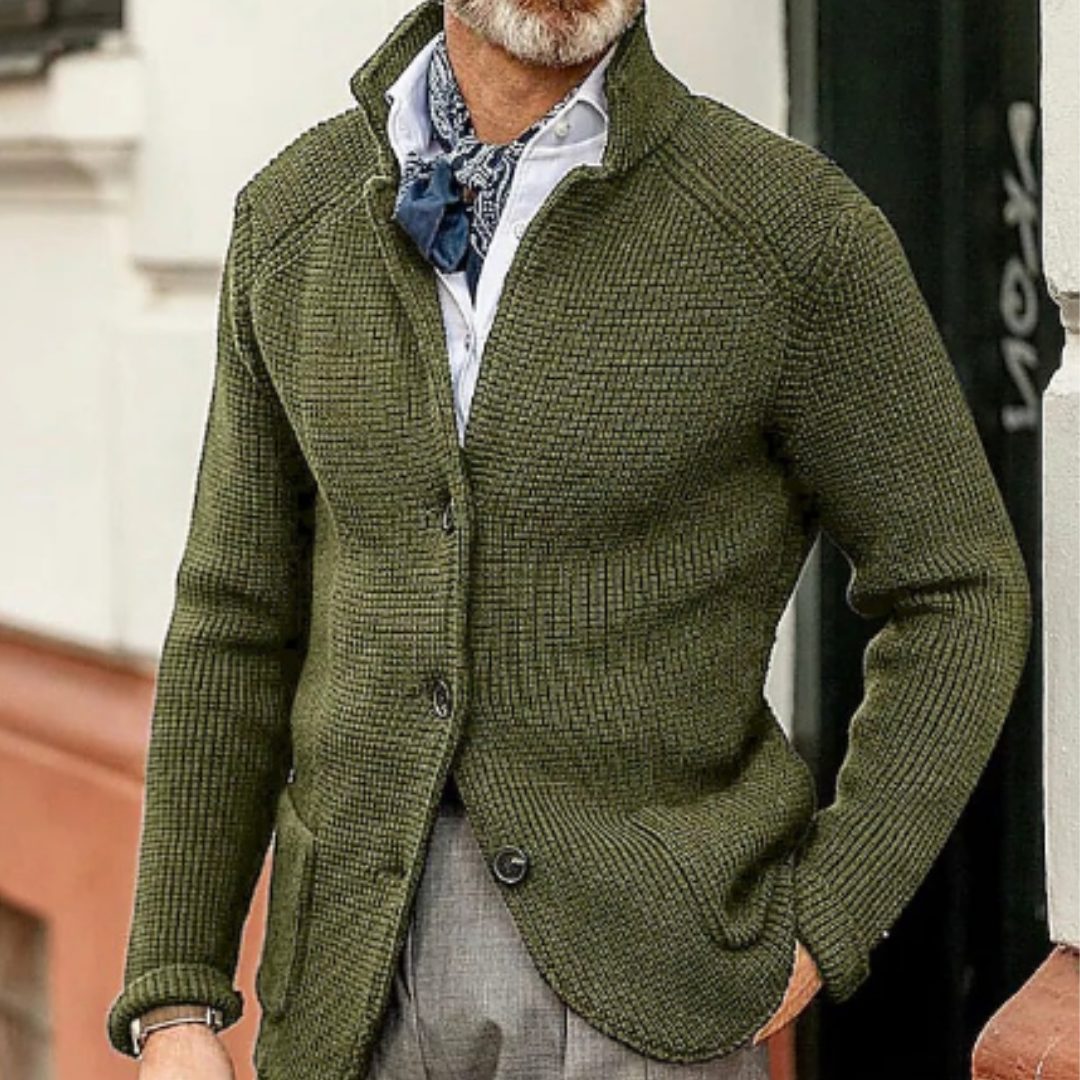Button-Up Waffle Knit Cardigan for Men - Military Green