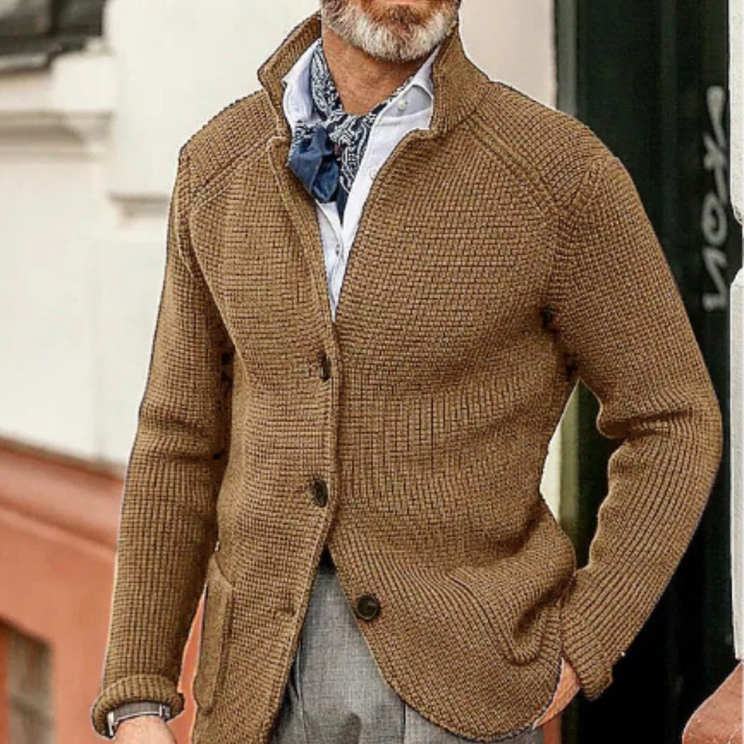 Button-Up Waffle Knit Cardigan for Men - Khaki