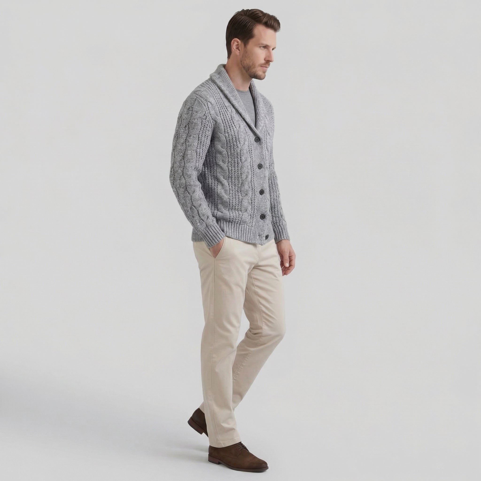 Cable Knit Cardigan with Shawl Collar for Men - View 17