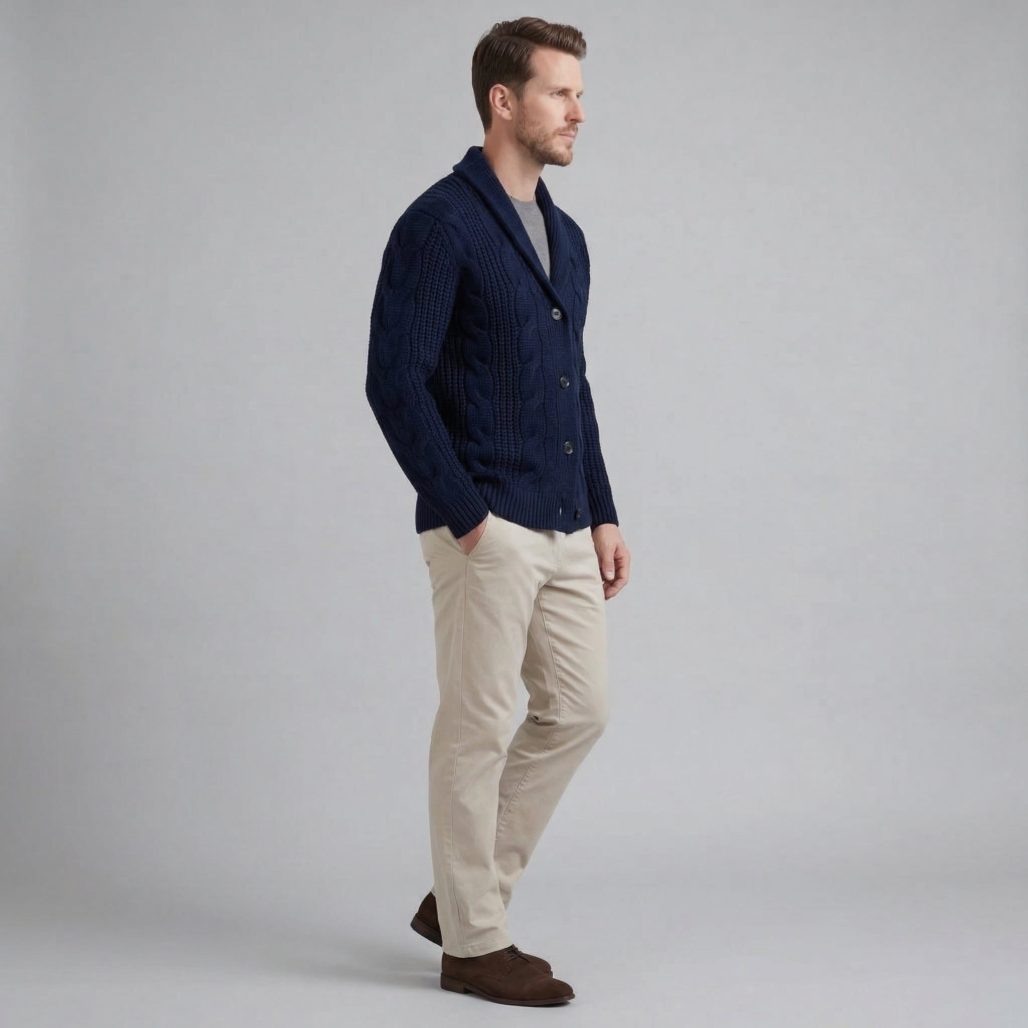 Cable Knit Cardigan with Shawl Collar for Men - View 4
