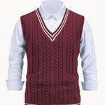 Cable Knit V-Neck Sweater Vest for Women - Burgundy