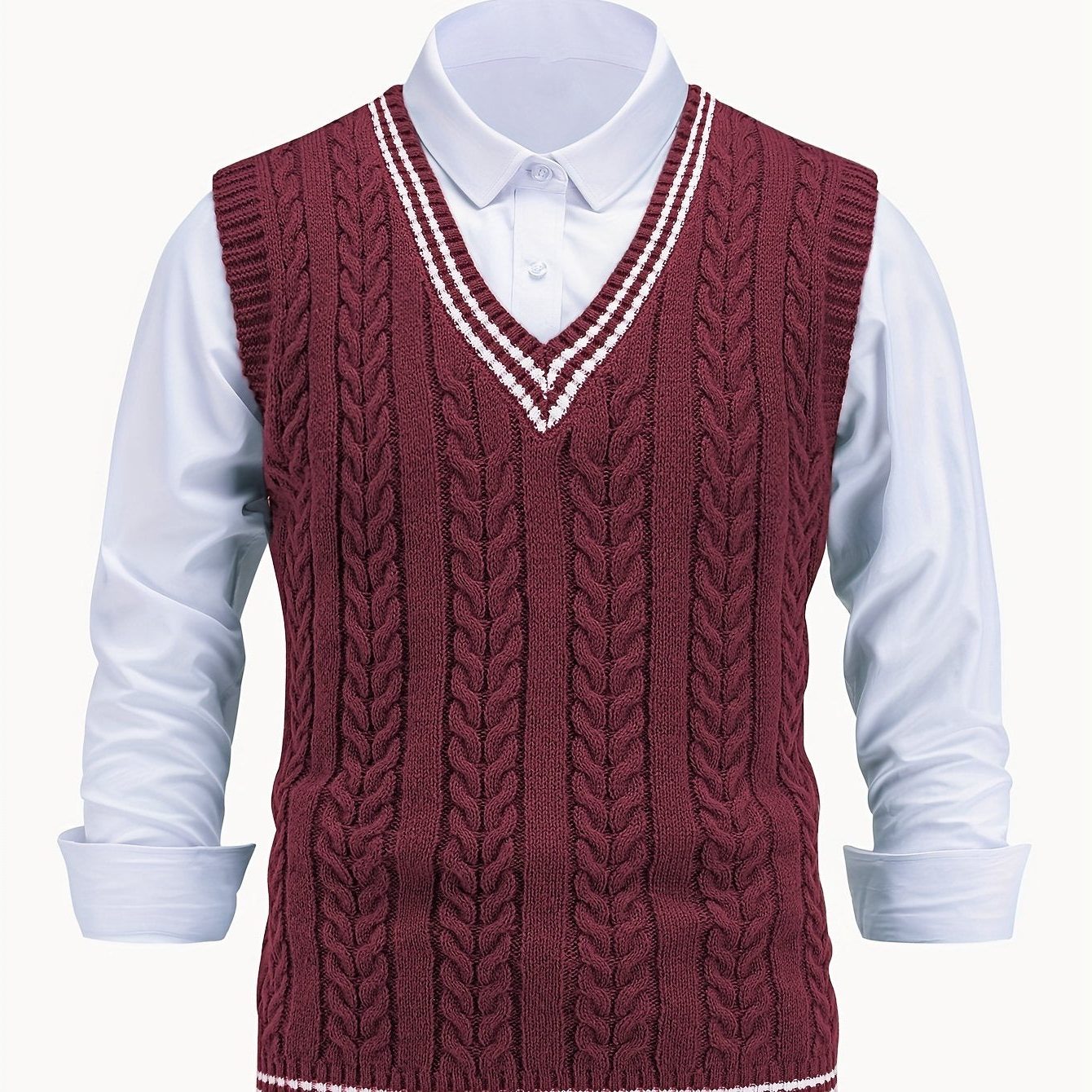Cable Knit V-Neck Sweater Vest for Women - Burgundy
