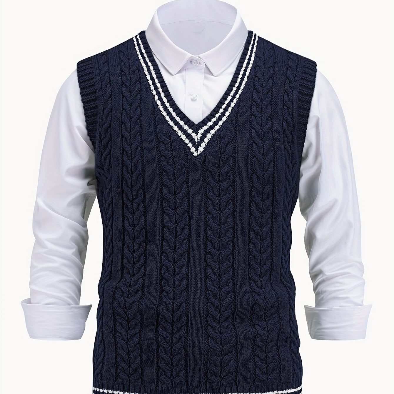 Cable Knit V-Neck Sweater Vest for Women - Navy