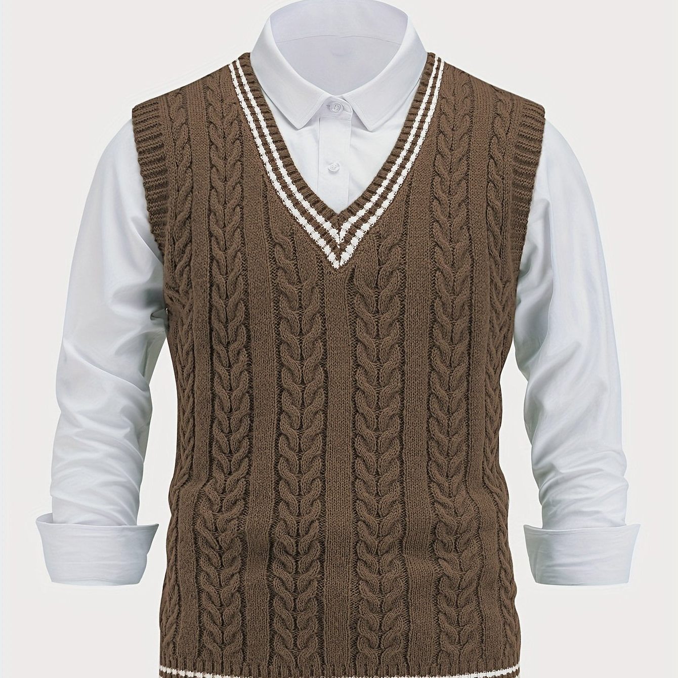 Cable Knit V-Neck Sweater Vest for Women - Coffee Brown
