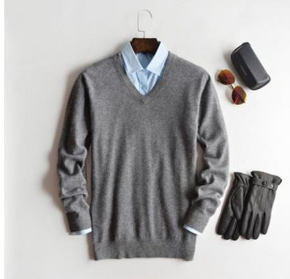 Crew Neck Cashmere Jumper for Men - Grey - V-neck