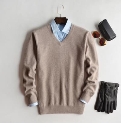Crew Neck Cashmere Jumper for Men - Beige - V-neck