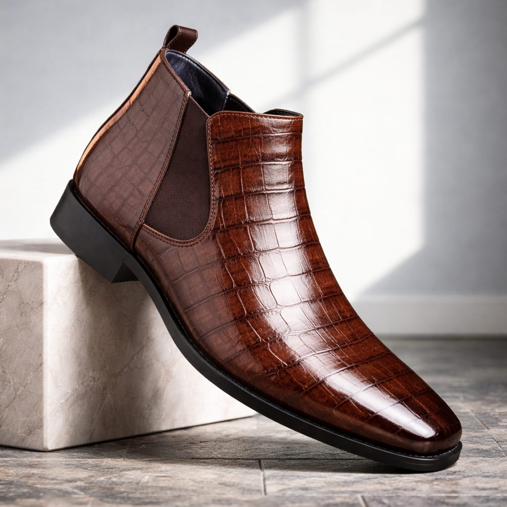 Croc-Embossed Chelsea Boots for Men - Dark Brown