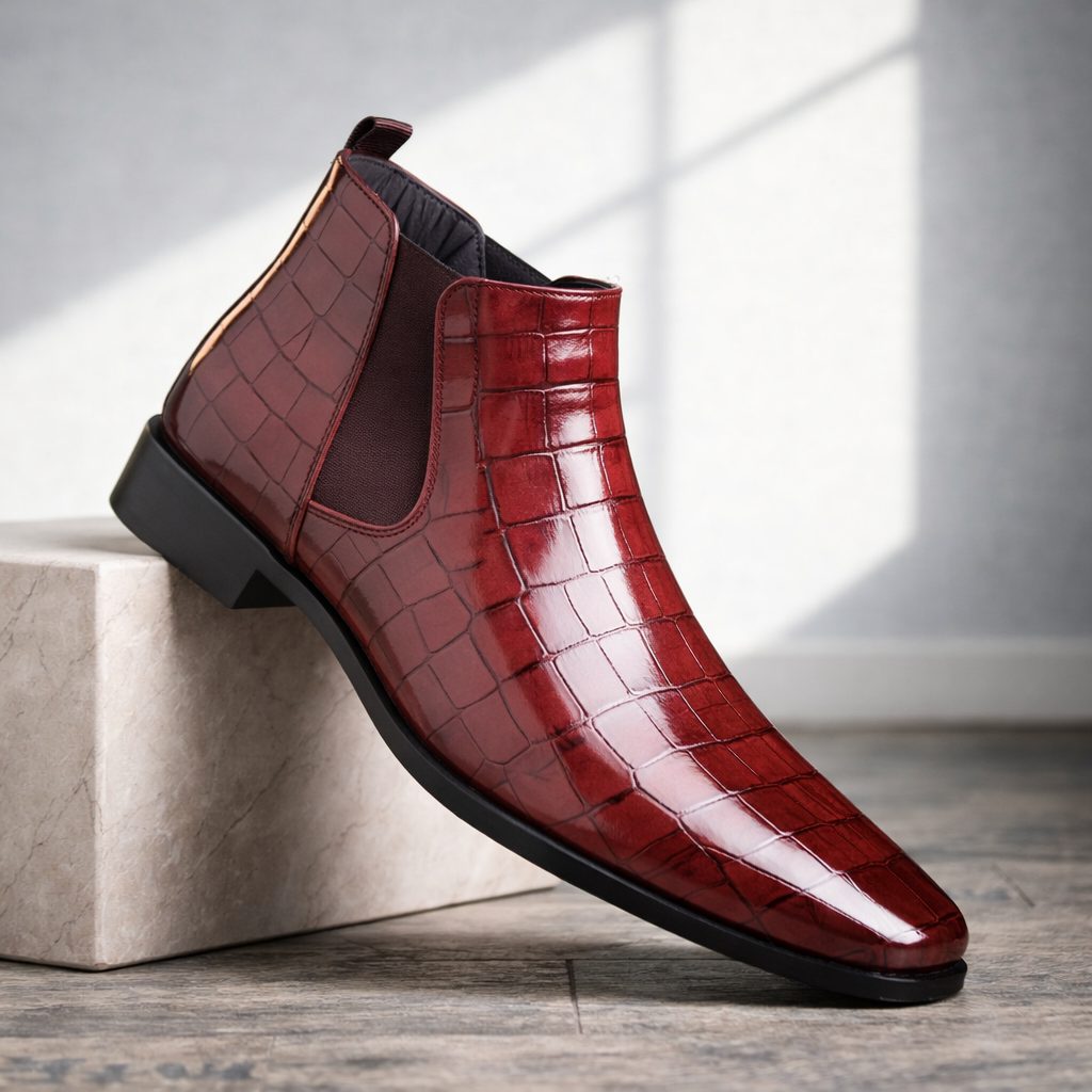 Croc-Embossed Chelsea Boots for Men - Wine Red