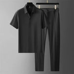 Short Sleeve Polo Shirt and Straight Leg Trousers Set for Men