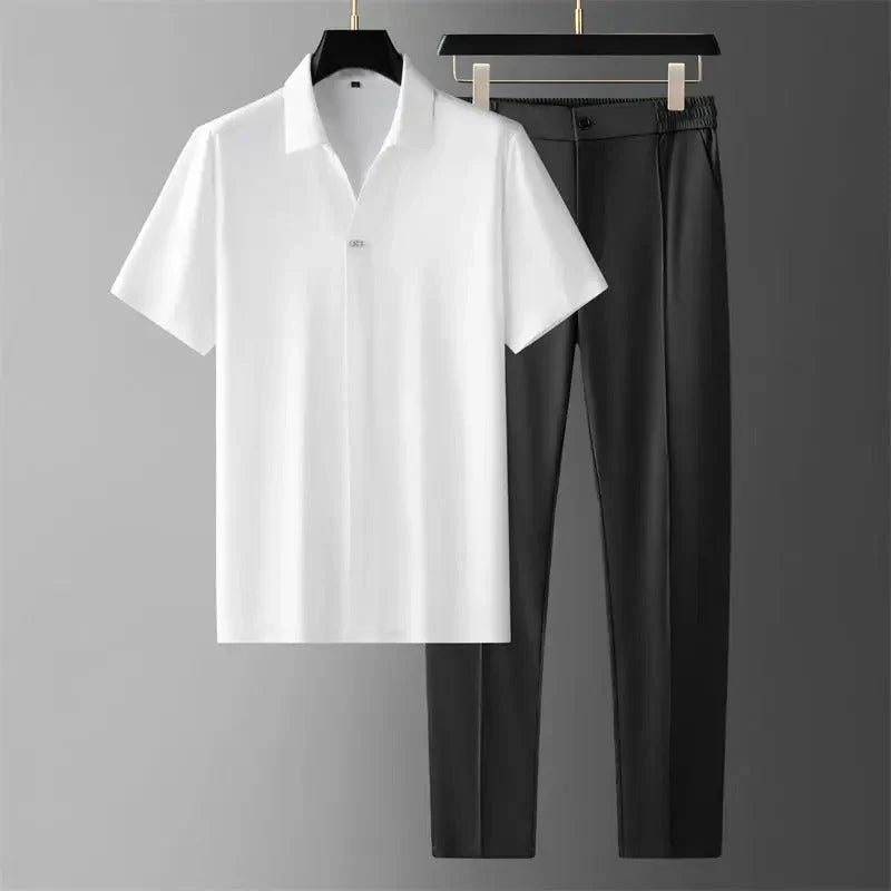 Short Sleeve Polo Shirt and Straight Leg Trousers Set for Men