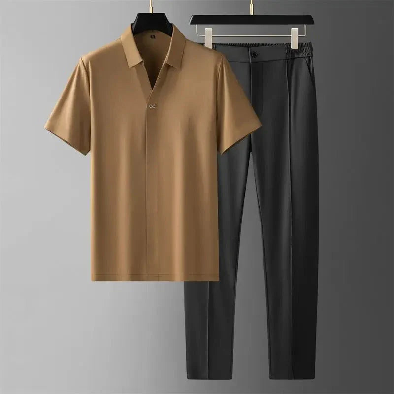 Short Sleeve Polo Shirt and Straight Leg Trousers Set for Men