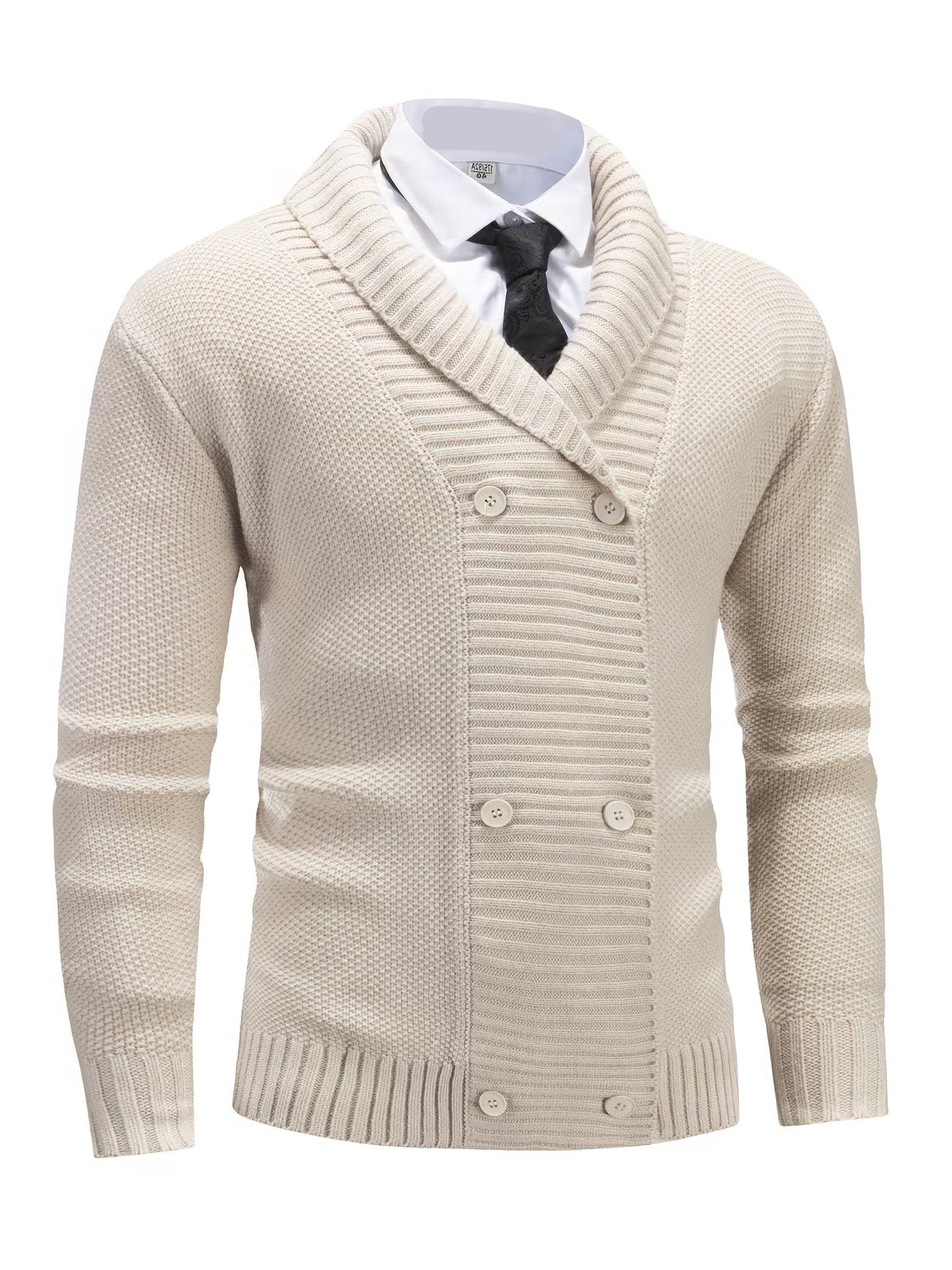 Double-Breasted Shawl Collar Ribbed Knit Cardigan for Men - Beige