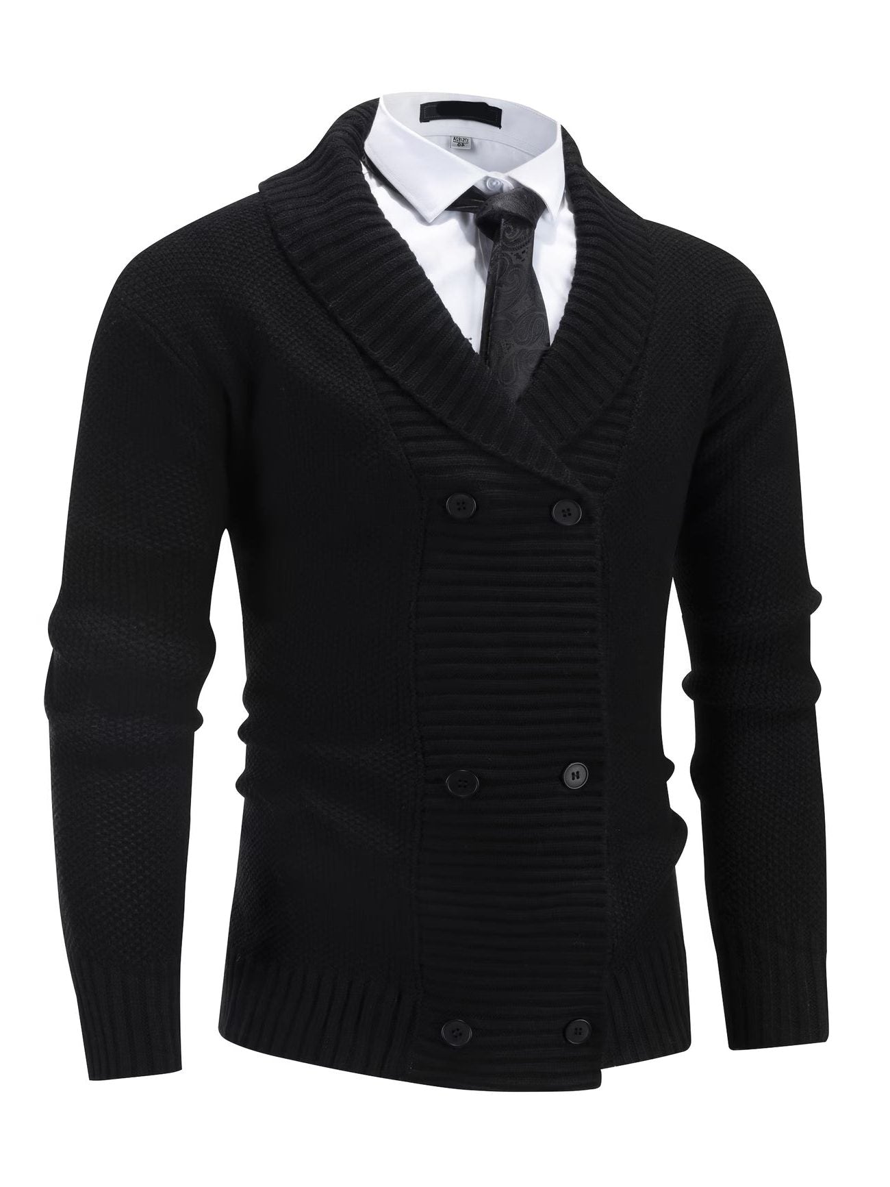 Double-Breasted Shawl Collar Ribbed Knit Cardigan for Men - Black