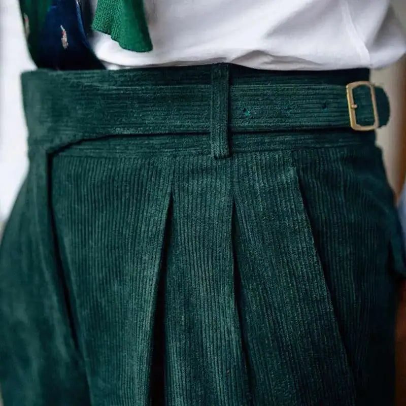 Double-Pleated Tapered Corduroy Trousers for Men - Forest Green