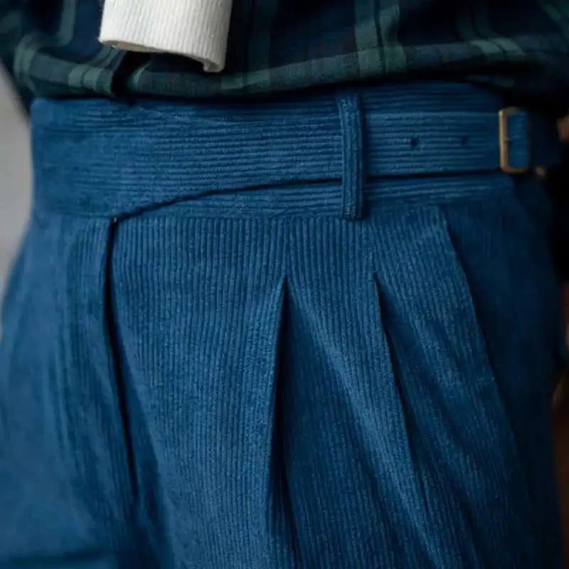 Double-Pleated Tapered Corduroy Trousers for Men - Cobalt Blue