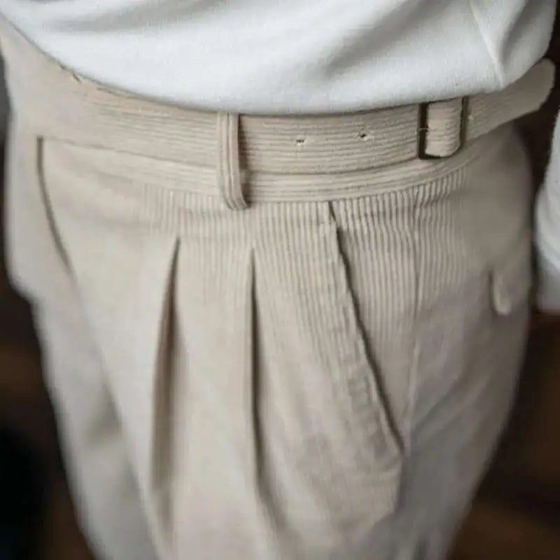 Double-Pleated Tapered Corduroy Trousers for Men - Beige