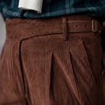 Double-Pleated Tapered Corduroy Trousers for Men - Brown