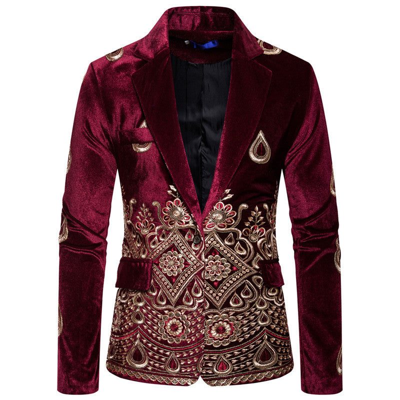 Embroidered Velvet Blazer for Men - Burgundy