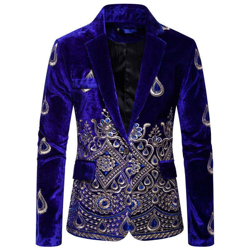 Embroidered Velvet Blazer for Men - Blue