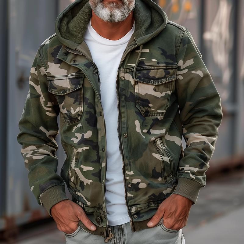 Hooded Zip-Up Camouflage Cargo Jacket for Men