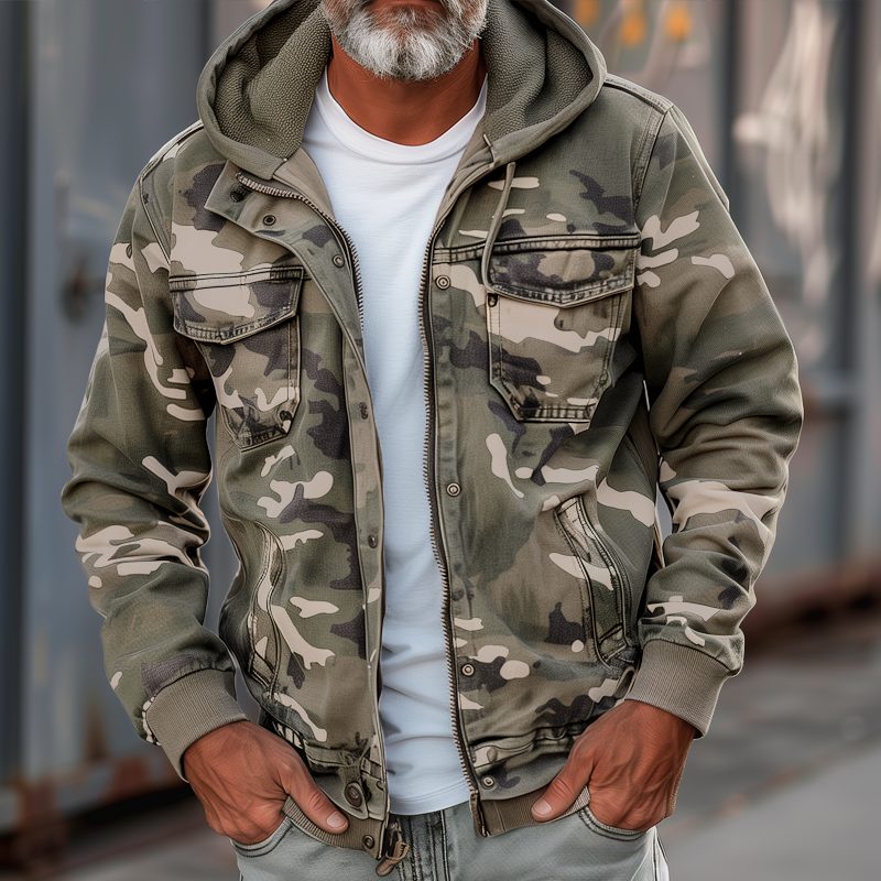 Hooded Zip-Up Camouflage Cargo Jacket for Men - Khaki