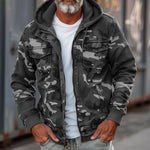Hooded Zip-Up Camouflage Cargo Jacket for Men - Grey