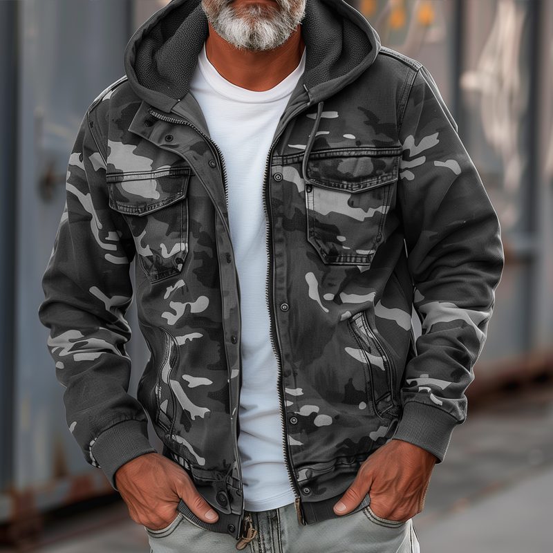 Hooded Zip-Up Camouflage Cargo Jacket for Men - Grey