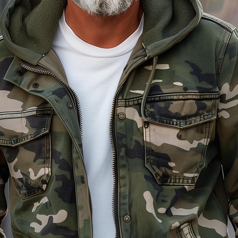 Hooded Zip-Up Camouflage Cargo Jacket for Men - View 3